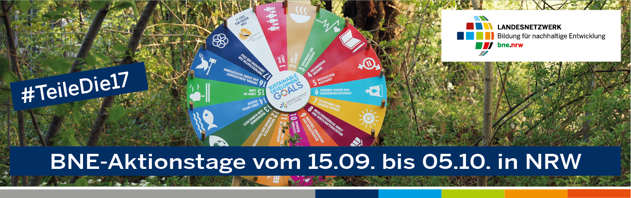 17 Nachhaltigkeitsziele auf Glücksrad mit BNE-Landesnetzwerk-Logo